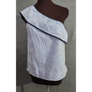 J.Crew Blue White Striped Asymmetrical Off The Shoulder Ruffled Blouse‎ Size 6